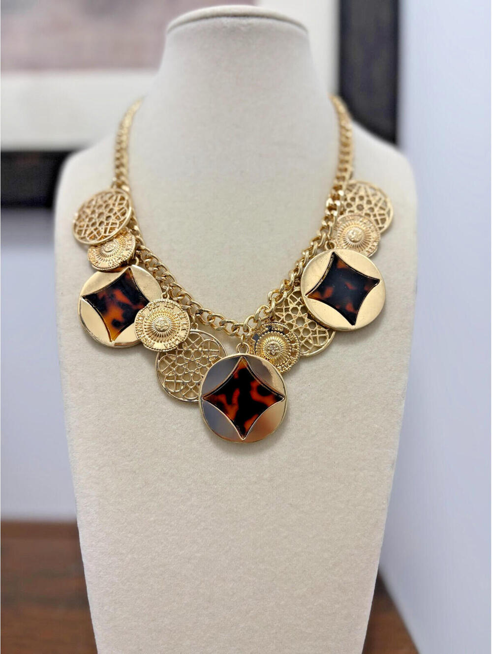 Shiny Gold Tone Coin Charm Style Necklace with Tortoise Shell Accents